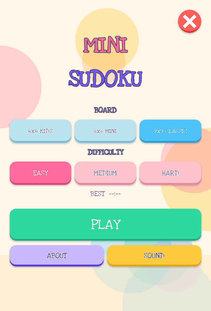 The main menu with board size and difficulty pickers