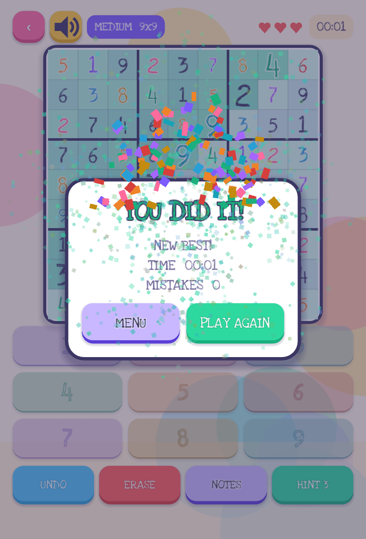 The win screen with confetti and the finish time